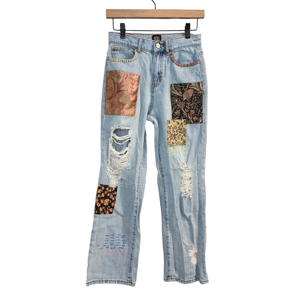 BDG Light Blue Cowboy Jean Women 26 Patchwork Distressed Embroidered High Rise